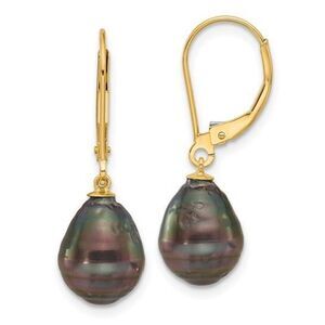14K 8-9mm Teardrop Black Saltwater Tahitian Pearl Leverback Earrings